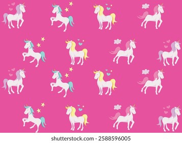 Cute unicorns on pink background, flat illustration