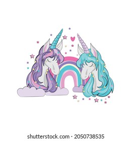 cute unicorns on rainbow background 