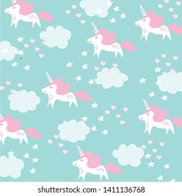 A cute unicorns pattern with light blue clouds, white stars and pink heart on mint background.
