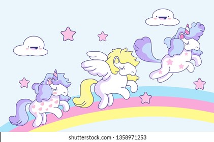 Cute Unicorns and pegasus with rainbow,pastel background.fantasy fairy tale concept.confetti and other elements.cute cartoon style.for paint,fabric clothes,poster,greeting card,party,banner.vector