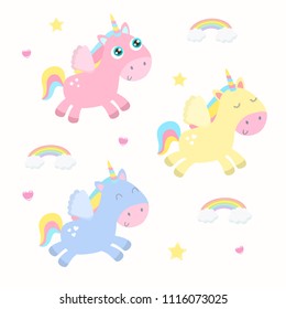 Cute unicorns, pegsus vector illustration. Flat design.