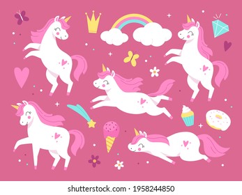 Cute unicorns. Pink beautiful magic pony characters, little girl decorative animals and items, sweets, flowers and rainbow, fairytale adorable horses. Vector cartoon flat isolated set