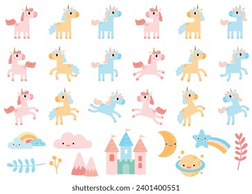 Cute unicorns, Pony or horse with magical, Unicorns illustration with rainbow, stars, hearts, clouds, castle in cartoon style. 