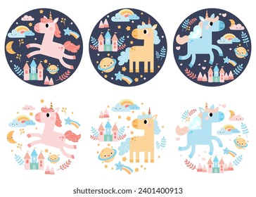 Cute unicorns, Pony or horse with magical, Unicorns illustration with rainbow, stars, hearts, clouds, castle in cartoon style. 