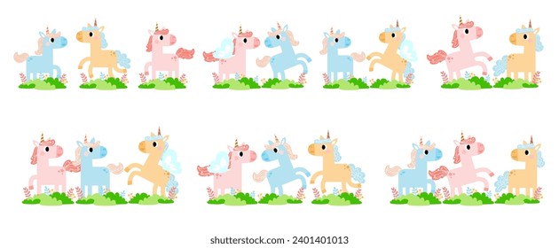 Cute unicorns, Pony or horse with magical, Unicorns illustration with rainbow, stars, hearts, clouds, castle in cartoon style. 