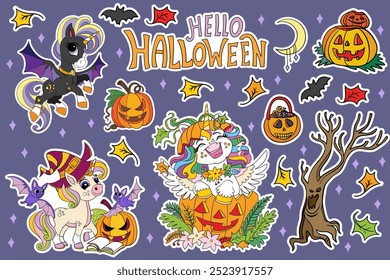 Cute unicorns, pumpkins, elements isolated on blue background. Collection of Halloween holidays hand drawn illustrations. Vector set of stickers, party, print, wallpaper, design, cards, kids apparel