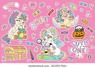 Cute unicorns, pumpkins, elements isolated on pink background. Collection of Halloween holidays hand drawn illustrations. Vector set of stickers, party, print, wallpaper, design, cards, kids apparel