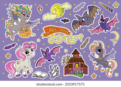 Unicórnios bonitos, abóboras, elementos isolados no fundo roxo. Coleção de ilustrações desenhadas à mão de feriados de Halloween. Vetor conjunto de adesivos, partido, impressão, papel de parede, design, cartões, vestuário para crianças