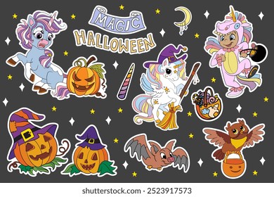 Süße Einhörner, Kürbisse, Elemente einzeln auf schwarzem Hintergrund. Kollektion von handgezeichneten Illustrationen zu Halloween Feiertagen. Vektorsatz von Aufklebern, Party, Druck, Tapete, Design, Karten, Kinderbekleidung