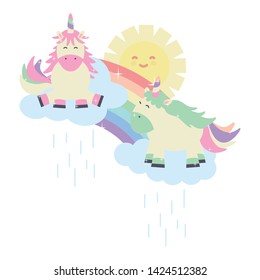 cute unicorns in rainbow with clouds and sun kawaii characters