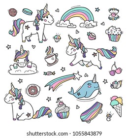 Cute unicorns in rainbow colors. Vector illustration made in cartoon style