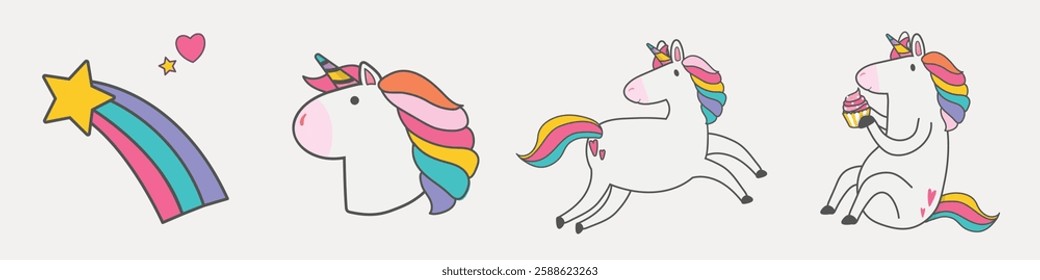 Cute unicorns with rainbow manes and tails. Unicorns are playful and colorful. Rainbow stars and hearts add charm. Unicorns and rainbows bring joy. Cute illustrations, vector set.