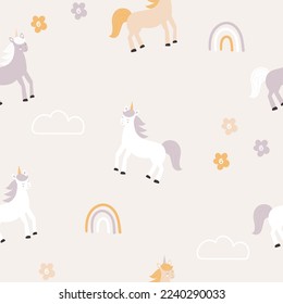 Cute unicorns and rainbow seamless pattern. Funny baby fairytale print in pink tones. Vector illustration in Scandinavian style. Nursery design for fabric, wallpaper, interior