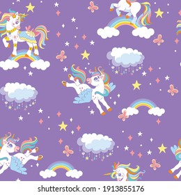 Cute unicorns with rainbow, stars and clouds in purple night sky. Vector seamless pattern. Colorful illustration for party, print, baby shower, wallpaper, design, decor,design cushion, linen, dishes.