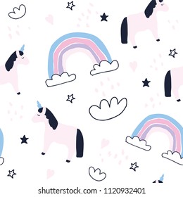 Cute unicorns and rainbows seamless pattern. Baby unicorn wallpaper. Newborn baby textile design.