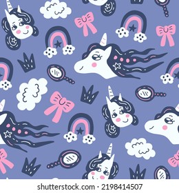 Cute unicorns rainbows seamless pattern in Scandinavian style with hand drawn animals and rainbows. Pastel vector illustration for printing on fabric, packaging, greeting. Cute girls backgroun