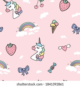 Cute unicorns and rainbows seamless repeating pattern texture background / Design for textile graphics, fashion fabrics, covers, wallpapers etc
