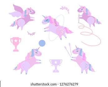 Cute unicorns in rhythmic gymnastics. Set of beautiful pony doing rhythmic gymnastics with ribbon, ball, hoop, Flat cartoon style illustration on white background