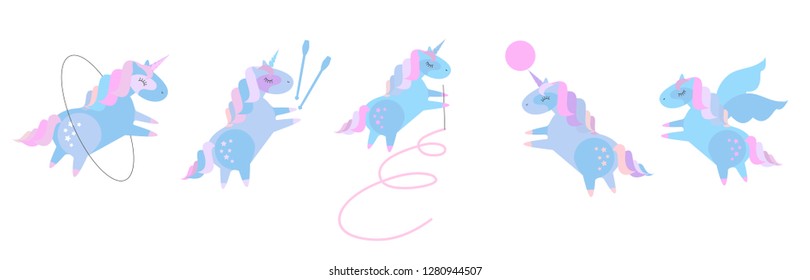 Cute unicorns in rhythmic gymnastics. Set of fairytale pony doing rhythmic gymnastics with ribbon, ball, hoop, skipping rope. Flat cartoon style illustration on white background