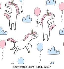 Cute unicorns seamless pattern with balloons and clouds