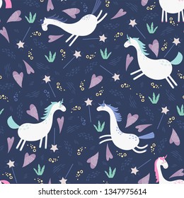 Cute unicorns seamless pattern. Colorful background with white unicorns, hearts and magic wand. Vector illustration in flat style.    