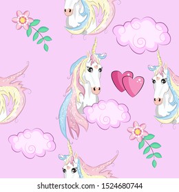 Cute unicorns seamless pattern. Kids pattern with unicorns, flowers, balloons, clouds and rainbow