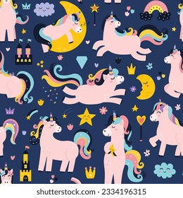 Cute unicorns seamless pattern for kids. Magic pony background in cartoon style. Great for apparel, fabric, wallpaper. Vector illustration
