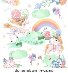 Cute unicorns seamless pattern. Kids pattern with unicorns, flowers, balloons, clouds and rainbow