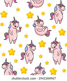 Cute Unicorns Seamless Pattern on White Background. Vector