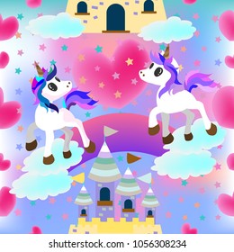 Cute Unicorns Seamless pattern with Star colorful rainbow on pastel background.confetti and other elements.cute cartoon style.for paint,fabric clothes,poster,greeting card, party,banner other users