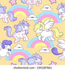 Cute Unicorns Seamless pattern with Star colorful rainbow on background.confetti and other elements.cute cartoon style.for paint,fabric clothes,poster,greeting card, party,banner other users