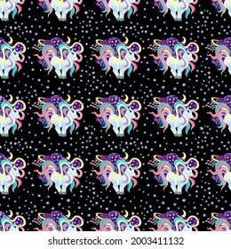 Cute Unicorns Seamless Pattern for textile . Abstract seamless pattern for girls and kids. Creative background for textile, prints, paper products. Isolated on black background