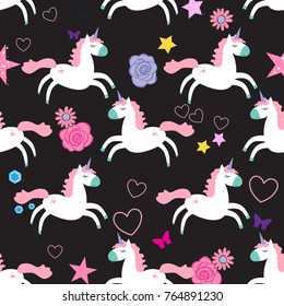 Cute unicorns Seamless Pattern for textile . Abstract seamless pattern for girls.Creative  background for textile, prints, paper products, the Web.  isolated on black