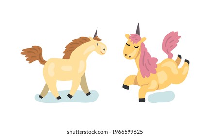 Cute Unicorns Set, Beautiful Mythical Animal Cartoon Vector Illustration