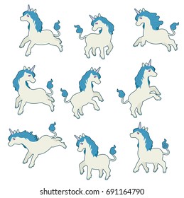 Cute unicorns set. Cartoon character in different poses on white background