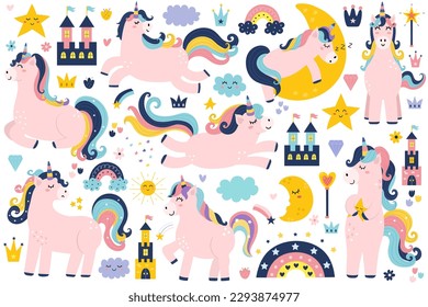 Cute unicorns set in cartoon style. Magic horses collection with rainbows, castles, hearts, stars and more. Fantasy pony isolated elements. Vector illustration