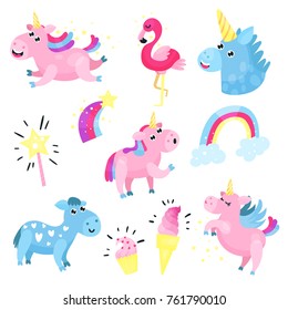 Cute unicorns with set, collection with rainbow, cloud, famingo, star cartoon vector Illustrations