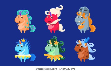 Cute Unicorns Set, Fantastic Animals Characters in Different Costumes, Vector Illustration
