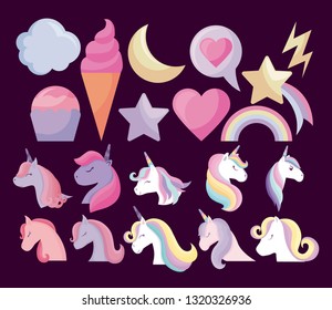 cute unicorns with set icons