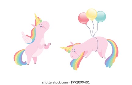 Cute Unicorns Set, Lovely Pink Unicorn with Rainbow Mane Cartoon Vector Illustration
