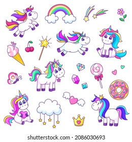 Cute unicorns set. Unicorn characters, fairy style magic pony and elements. Pretty girly stickers, ice cream, rainbow and clouds garish vector set