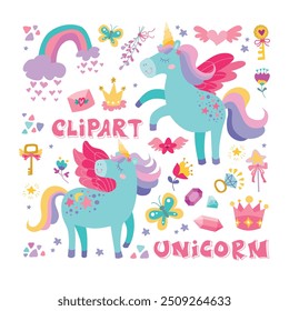 Lindo conjunto de unicornios. colección de Vector con personajes de cuento de hadas, animales con cuernos