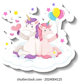 Cute unicorns sitting on the cloud cartoon sticker illustration