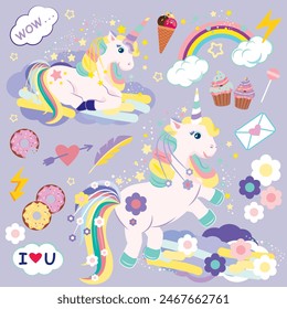 Cute unicorns with spring flowers, ice cream, sweets and rainbow.