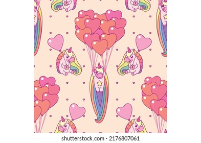 Cute Unicorns with a Star on their Chest Holding Heart shaped Balloons Pattern