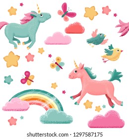 Cute unicorns, stars and clouds seamless vector pattern.