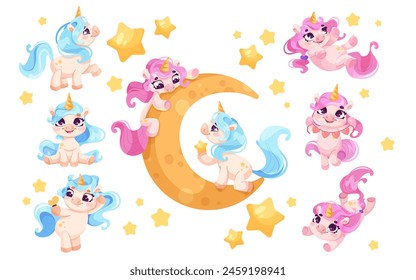 Cute unicorns with stars floating around a crescent moon, vector illustration on white background, depicting a whimsical fairy tale scene. Vector illustration