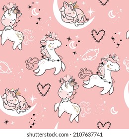 Cute unicorns, stars and moon on the pink background seamless pattern. Vector illustration in boho style