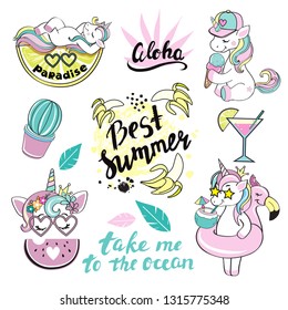 The cute unicorns with summer items collection on a white background. Fashion patch badges