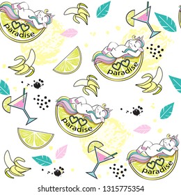 The cute unicorns with summer items on a white background seamless pattern